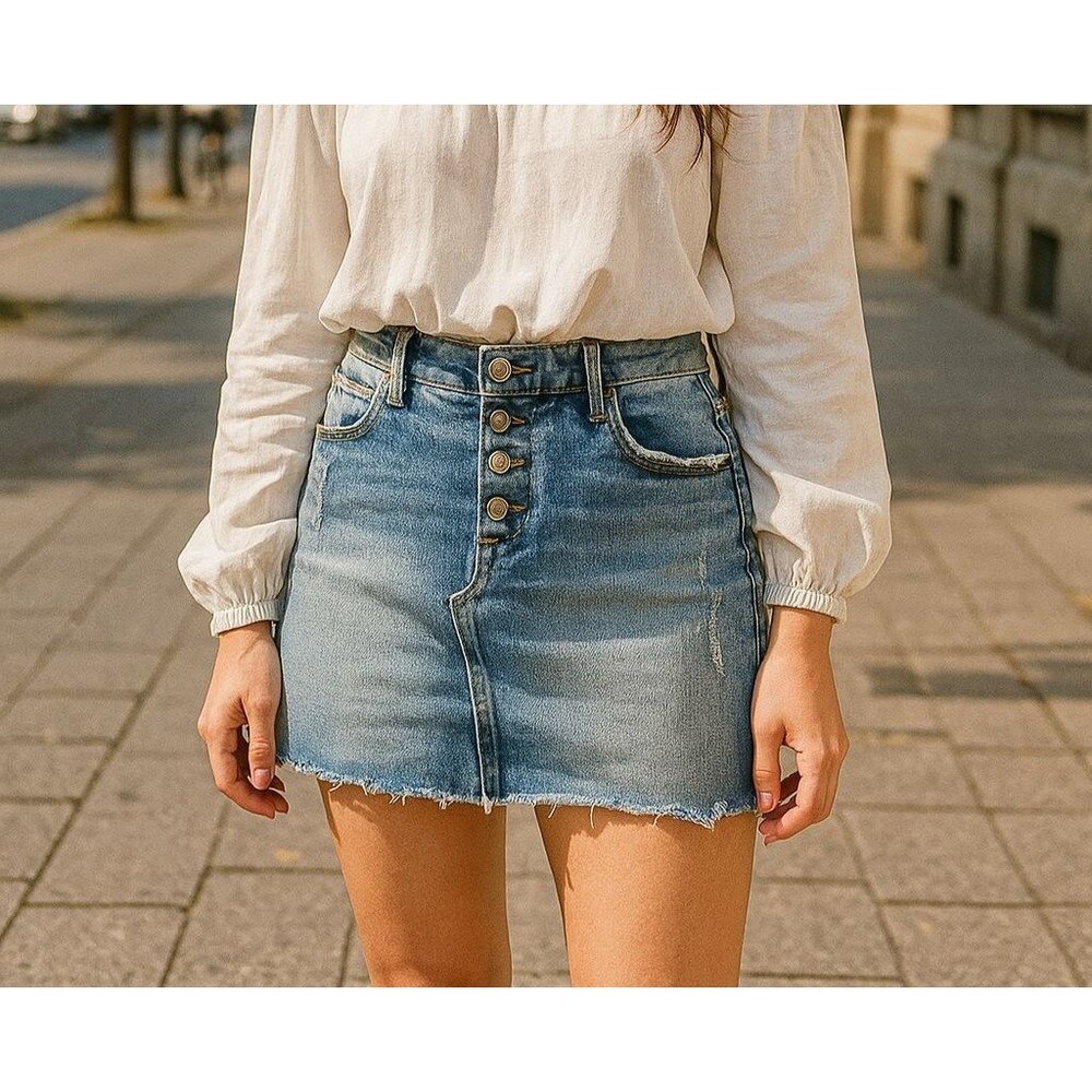 Kensie 10 Mini Skirt Denim Cotton Jean Asymmetrical Seam Raw Hem Button Front